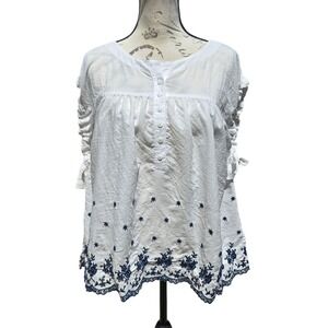 Ivy Jane -1618 Embroidered Peasant Top Ruffle Sleeve White Blue Boho‎ S/M